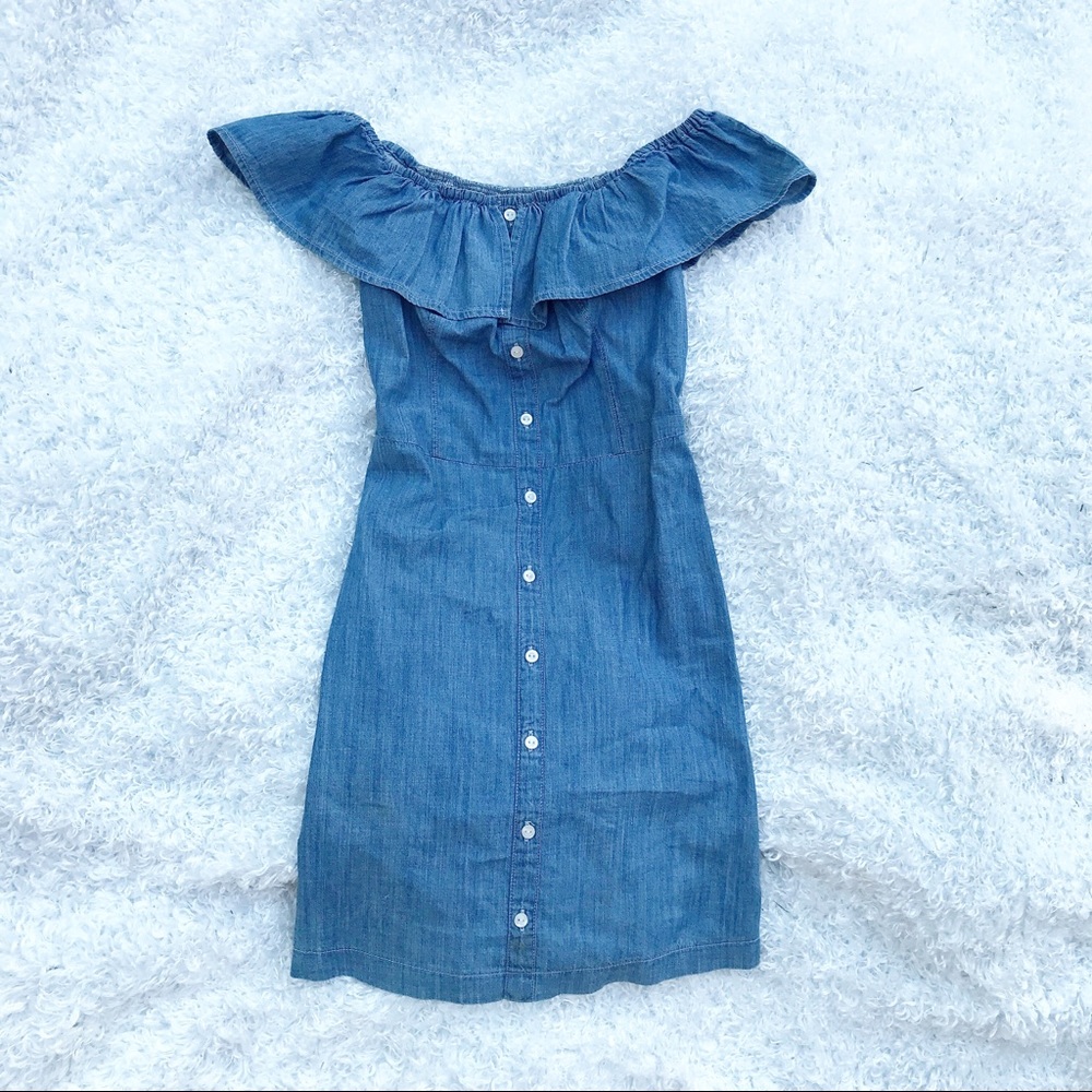 chambray off shoulder button up dress